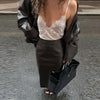 Street Zipper Leather Jackets Skirts Sets Women Loose Stand Collar Full Sleeve Coat Straight Skirt Autumn Winter Lady Suit