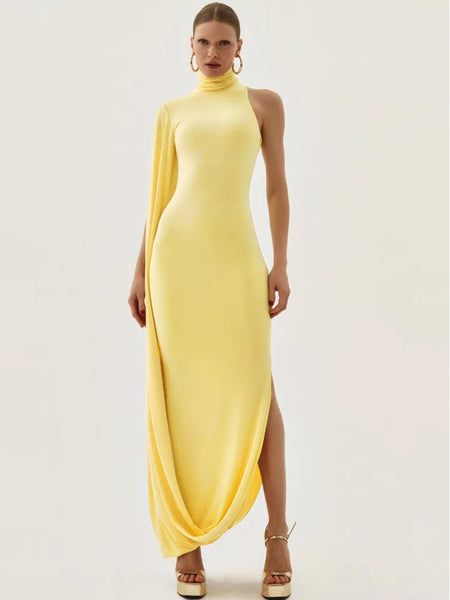 Split Turtleneck Sexy Maxi Dress Women Gown One-shoulder High Waist Bodycon Solid Club Party Long Dress Elegant