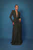 Women Glitter Maxi Evening Dress Deep V Neck Long Sleeve Ruched High Slit Formal Party Dress For Wedding Guest Prom