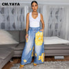 Women Fake Denim 3D floral Print Loose Wide Leg Jogger Pants Streetwear Active Hip Hop Sweatpants Trousers