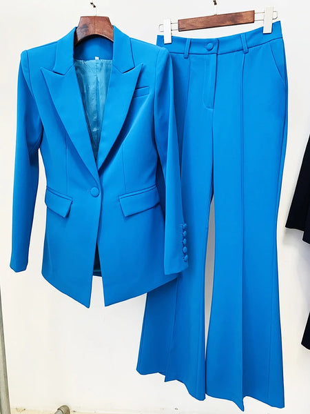 Designer Runway Suit Set Women's Single Button Slim Fit Blazer Flare Pants Suit Two-pieces
