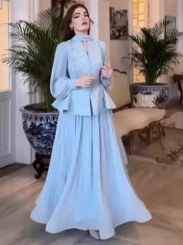 Elegant Skirt Sets For Women Floral Long Sleeves Waist Bandage Blazer Coat With Maxi Pleated Skirt Outfits 19DA1782