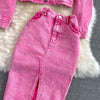 Denim 2 Piece Sets Jacket Skirt Women Suit Long Skirts Outerwear Outfits Single Breasted Pockets Washed Coat Ensemble
