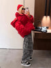 Women Bright Red Hooded Puffer Jacket Oversized Collar Horizontal Quilted Thick Padded Cropped Coat Warm Outerwear Winter Coats