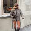 Women Checked Lapel Jacket Shorts Set Long Sleeve Buttons Belt Pocket Loose Blazer Suit Lady Office Commute Outfit