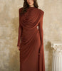 Solid Draped Neckline Long Dress Women Elegant Full Sleeve Cinched-waist Pleated Bodycon Robe Lady Chic Evening Dinner Gown