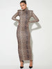 Leopard Print Long Sleeve Sexy Maxi Dress For Women Autumn Winter Elegant Turtleneck Printed Bodycon Long Dress