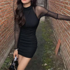 Mesh Patchwork Half High Neck Women Dresses Black See Through Long Sleeve Skinny Clubwear Female Mini Dress Bodycon