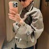 Women Plaid Short Trench Coat Lapel Double Breasted Belted Waist Long Sleeve Cropped Windbreaker Casual Outerwear Jacket