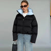 Solid Hooded Cropped Puffer Jacket Women Stand Collar Snap Button Loose Long Sleeve Jackets Winter Casual Warm Padded Coat