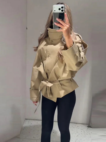 Spring Stand Collar Double Breasted Trench Coat For Women Elegant Long Sleeve Lace Up Jacket Lady Street Chic Outerwear