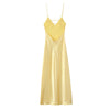 Solid Color Satin Bustier Women Maxi Dress Yellow Spaghetti Strap V Neck Waist-cinching Dresses Party Vestidos