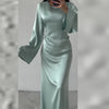 Women's Long Dresses Solid Satin Flare Sleeve Slim Lace Up Floor-length Dress Females Sexy Elegant Party Maxi Dress