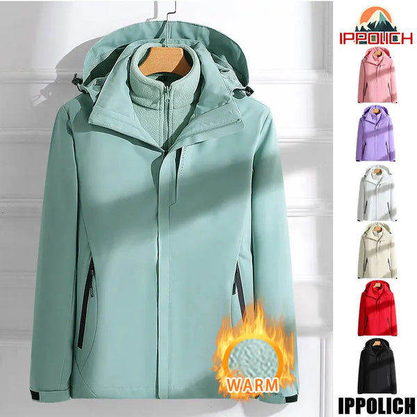 Woman Hiking Jacket Winter Outdoor 3 In 1 Waterproof Windproof Coats Warm Thickened Solid Camping Climbing Fleece Hooded Jacket