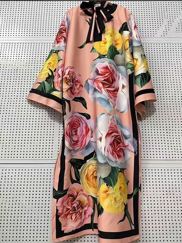 Retro Women's Long Sleeve Loose Dress with Waist Split Semi-Open Collar Print Temperament Party Holiday Dress
