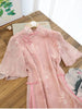 Chinese Style Pink Bamboo Jacquard Qipao Party Dress for Women Elegant Mandarin Collar Maxi Dress with Tassel Decor