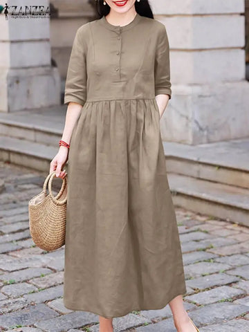 Elegant Commute Midi Dress Half Sleeve Solid Color Autumn Pleated A-line Vestidos O Neck Casual Women Robe Femme