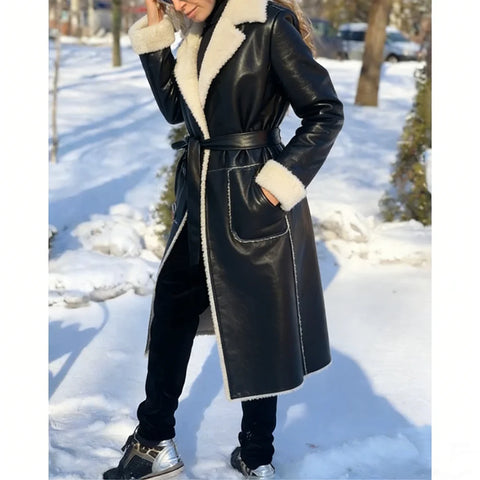 Elegant Women Pu Leather Double Breasted Nothched Collar Fluffy Long Coat Lady Winter Casual Outfits wear