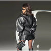 Solid PU Leather Jacket Women Turn-down Collar Zipper Front Puffy Sleeves Stylish Coat Spring Casual Lady Outerwear