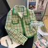 Korean Tweed Jacket Vintage Green Outerwear Spring Autumn Women Coat Cropped Jacket Long Sleeve Button Turndown Collar Suit
