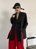 Contrast Color Ribbon Blazer Women's Notched Collar Loose Single Button Long Sleeves Split Suit Jacket