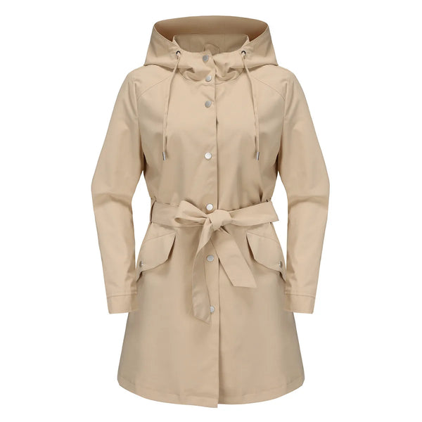 Spring Autumn Hooded Water-repellent Jacket with Belt Thin Casual Loose Trench Coat Women Windbreaker