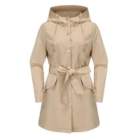 Spring Autumn Hooded Water-repellent Jacket with Belt Thin Casual Loose Trench Coat Women Windbreaker
