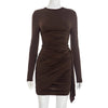 Sexy Pleated Ribbon Short Dress Women Solid Long Sleeve Slim Empire Hip Package Party Dress Spring Night Club Robe