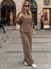 Women Pant Suit Lace Up Blouse Kimono Shirt Top Elastic Waist Wide Leg Pant Spring High Street Chic Sets