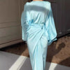 Elegant Women Tie-up Waisted Satin Dress Casual Female O-Neck Draped Long Dress Vintage Solid Color Bat Sleeve Robe Party Dress