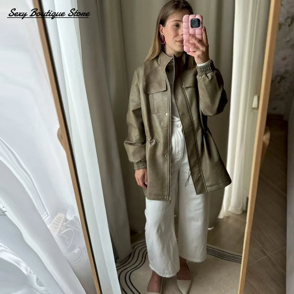 Autumn Winter Pu Leather Jacket For Women Solid Full Sleeve Elastic Adjustable Waist Coat Lady Casual Outwears