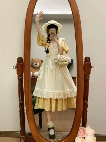 French Sweet Pastoral Style Slim Square Collar Yellow Plaid Dress Women + Ruffles Outer Dress Two-piece Dress Suit
