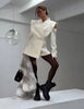 Women White Wide Shoulder Blazer Coat Chic Full Sleeve V-neck Waist Cinching Hollow Out Coats Lady Spring Autumn Outwear
