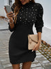 Autumn Women Sweater Dresses Pearls Round Neck Long Sleeve Hip Wrap Dress Winter Elegant Ladies Casual Solid Slim Fit Dress