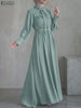 Women Maxi Dresses Elegant Modest Ruffled Collar Tied Waist Long Sleeve Long Dress Muslim Hijabs Abaya Robes S-3XL