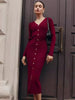 Elegant Evening Dress Women V Neck Long Sleeve Patchwork Button Slit Sweater Dresses Autumn Winter Knit Maxi Dress