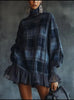 European American Plaid Ruffle Hem Mini Dress for Women Temperament High Neck Long Sleeve High Street Loose Dress for Autumn