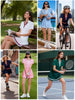 Women 2 Pieces Athletic Skirt Set Outfits V Neck Polo Shirts High Waisted Pleated Tennis Skirts Golf Pickball Dress