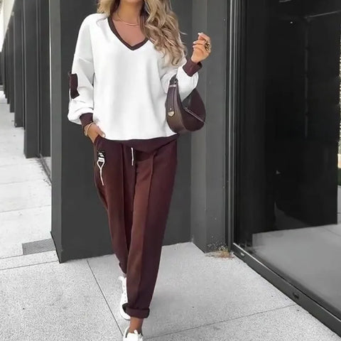 Women's Suit Contrasting Color V-neck Long-sleeved Simple Elastic Waist Casual Street Sweatshirt Pants 2-piece Set