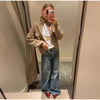 Women Camel Ribbed Knit Cardigan Zip Up High Collar Long Sleeve Cropped Sweater Flap Pockets Jacket Casual Autumn Outfits