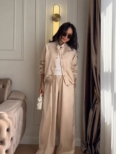 Women Frog Button Satin Jacket Lattern Pants Set Stand Collar Long Sleeve Top Wide Leg Pant Loose Fit Suit Summer Casual Outfits
