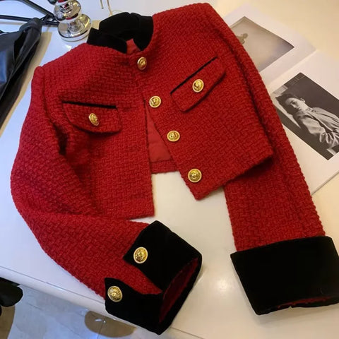 Stitching Tweed Short Jacket Women Autumn Winter Elegant Office Lady Coat Y2K Korean O Neck Single Breasted Crop Outwear