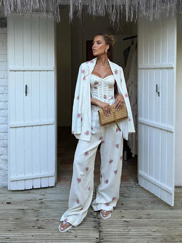 Floral Print Three-Piece Set Corset Top Oversized Blazer Wide Leg Pants Spring Vacation Women Outfit Chic Elegant Lady Suit