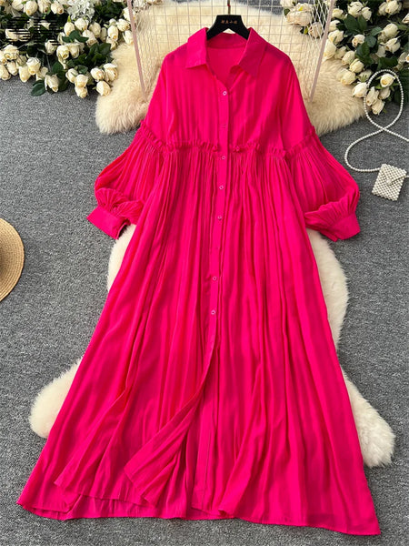 Spring Vintage Loose Dresses Women Lantern Sleeve Turn-down Collar Solid Single Breasted Casual Folds Long Dress