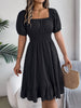 Solid Puff Sleeve Square Neck Ruched Bust Ruffle Hem Wasit Dress, Women's Clothing