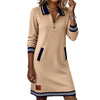 Autumn Winter Versatile Women's Dress Casual Contrasting Color Splicing Lapel Long-sleeved Loose Dress With Pockets