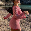 Women Vintage Striped Knitted Mini Dress Y2K Long Sleeve Slim Short Sweater Dress Elegant Ladies Holiday Beachwear