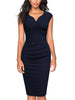 Women Vintage Cap Sleeve V-Neck Ruched Slim Knee Length Cocktail Party Wrap Sheath Bodycon Pencil Dress