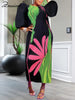 O-Neck Long Lantern Sleeve Loose Mid Dress Women Print Patchwork Pleated Gown Evening Holidays Festivals Birthday Robe