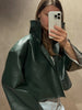 Beige Croc Leather Cropped Jacket Y2k Stand Collar Long Sleeve Wide Cuff Oversize Coat Autumn Street Daily Casual Outerwear